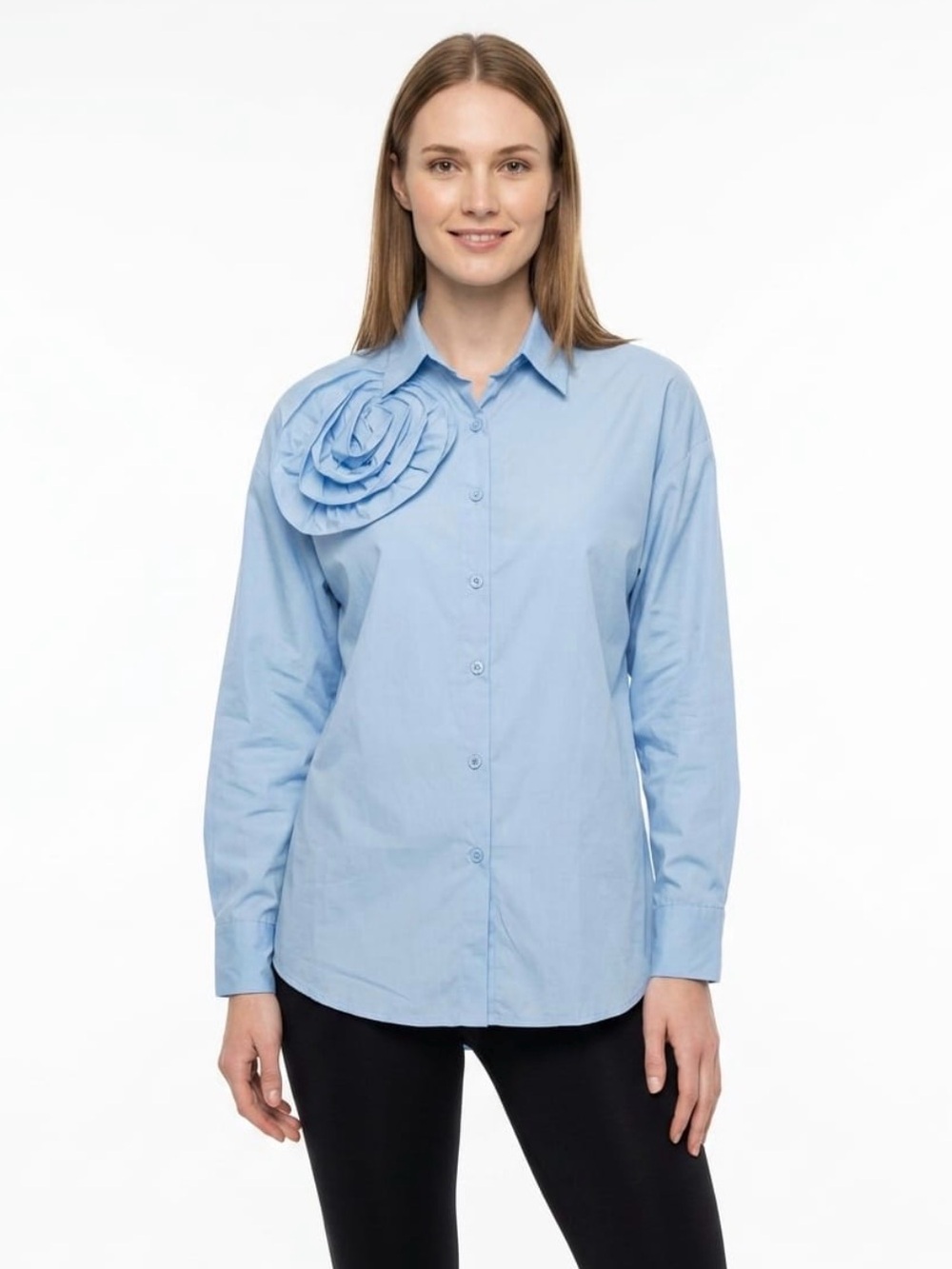 Women’s Light Blue Long-Sleeve Button-Down Shirt with Shoulder Rosette